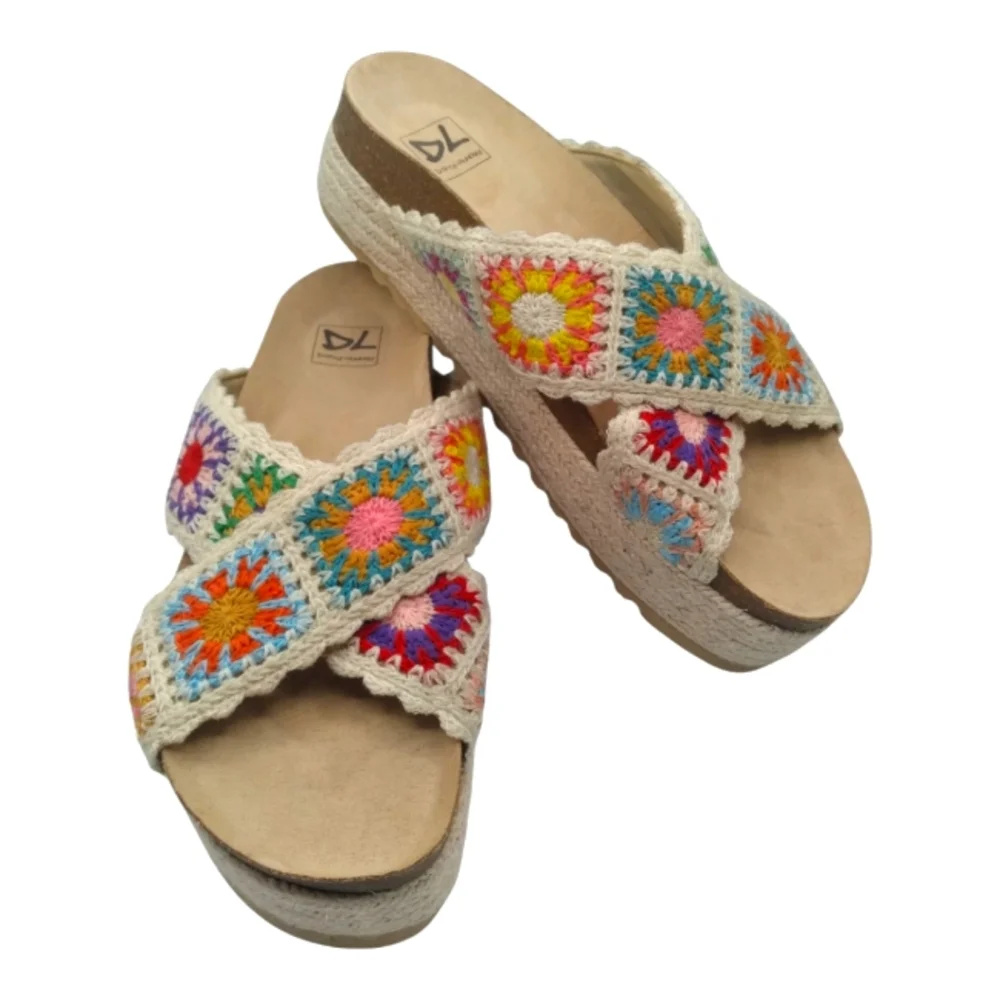 Dirty Laundry Cream Crochet Platform Slide Sandals with Multicolor Accents